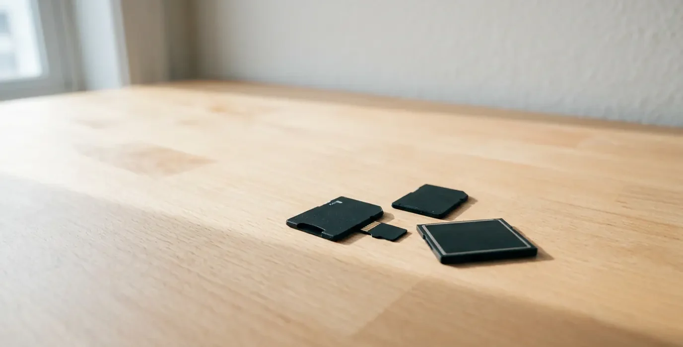 Trois cartes mémoire de tailles différentes posées sur un plan de travail clair