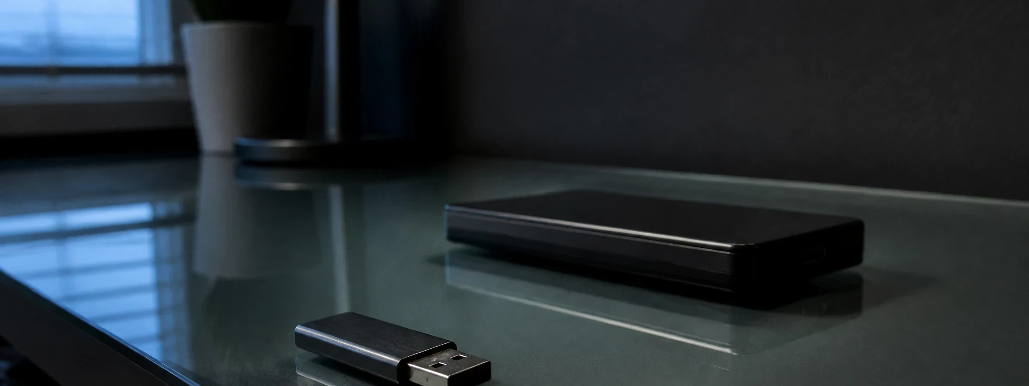 Une clé USB au premier plan et un disque externe derrière, photographiés au ras d'un bureau en verre