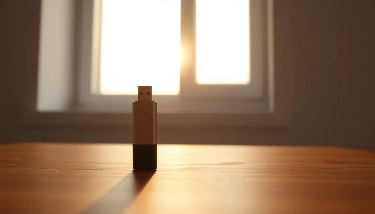Une clé USB posée debout sur un bureau, découpée à contre-jour devant une fenêtre
