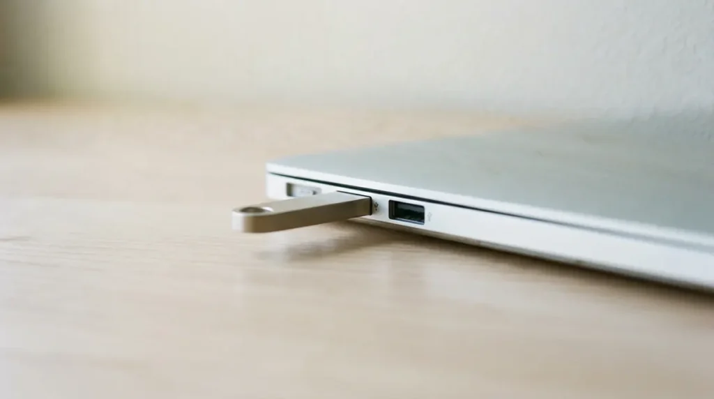 Une clé USB engagée dans le port latéral d'un ordinateur portable