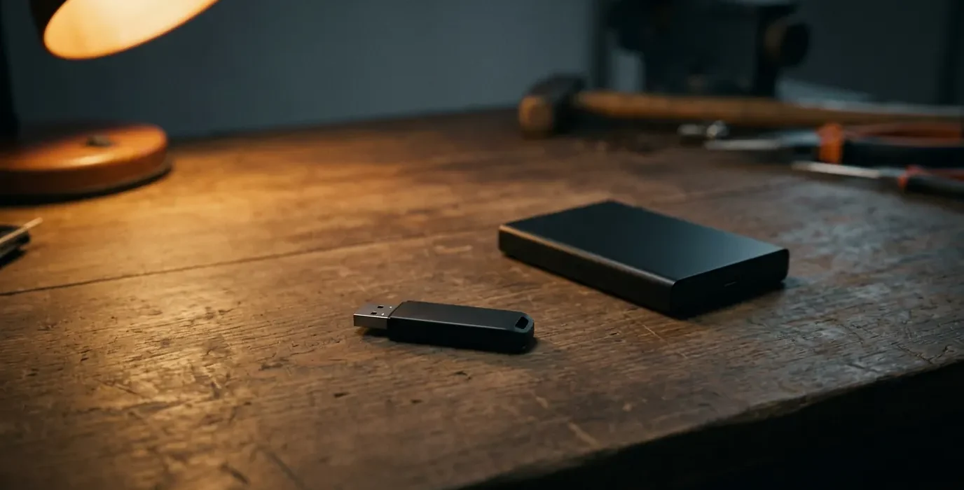 Une clé USB et un boîtier de disque dur externe posés sur un établi sombre