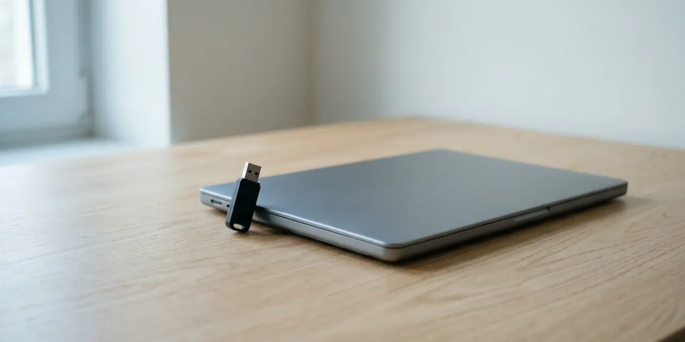 Une clé USB posée debout contre un ordinateur portable fermé, sur un plan de travail clair