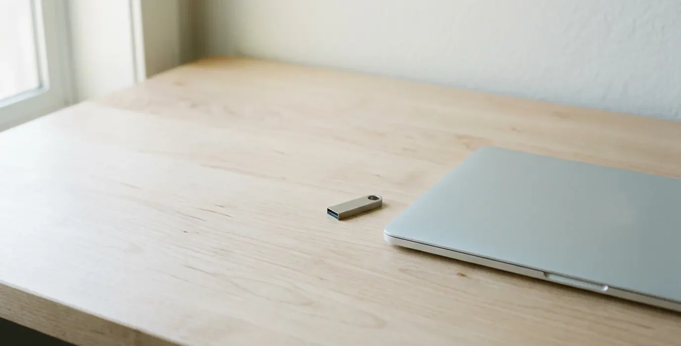 Une clé USB posée sur un plan de travail clair à côté d'un ordinateur portable fermé