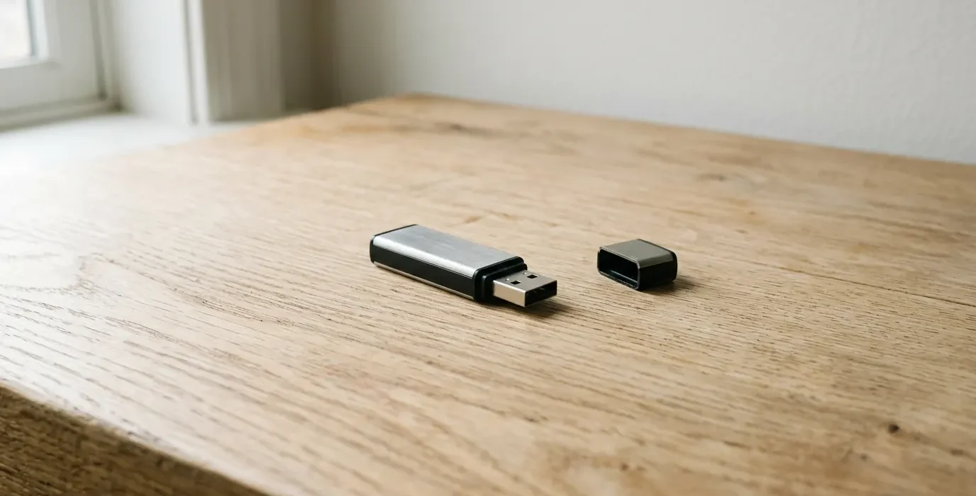 Une clé USB posée à plat sur un plan de travail clair, capuchon retiré à côté