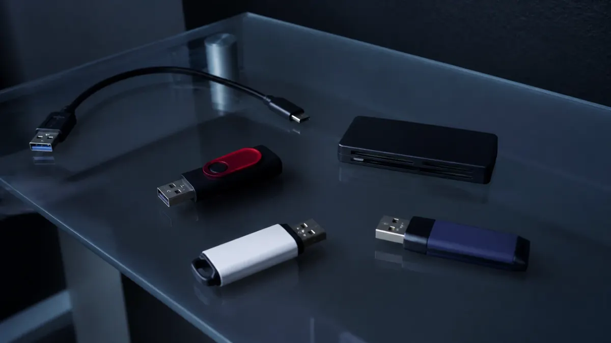 Plusieurs clés USB, un lecteur de cartes et un câble posés en désordre sur un bureau en verre