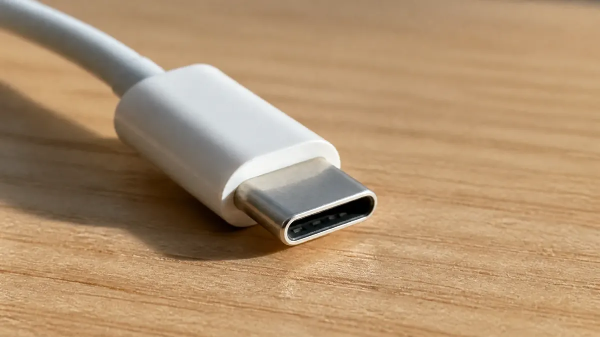 Gros plan sur le connecteur d'un câble de charge posé sur un bureau clair