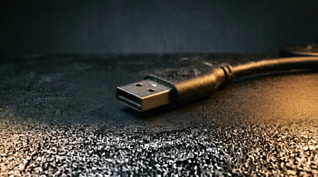 Vue macro sur l'embout métallique d'un câble de disque dur externe