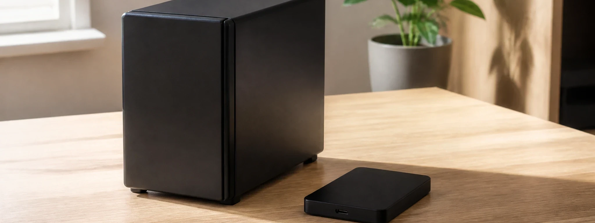 Un boîtier de stockage réseau posé à côté d'un petit disque portable, sur un bureau clair