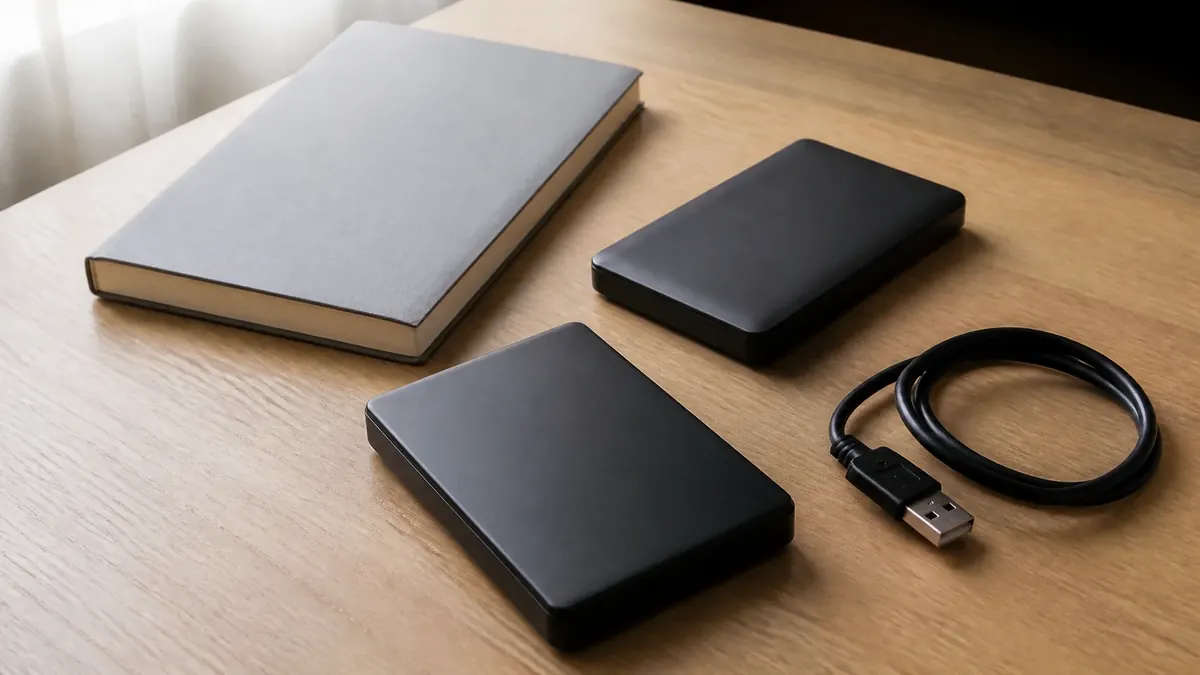 Deux disques externes, un câble enroulé et un carnet fermé posés en désordre sur un bureau clair