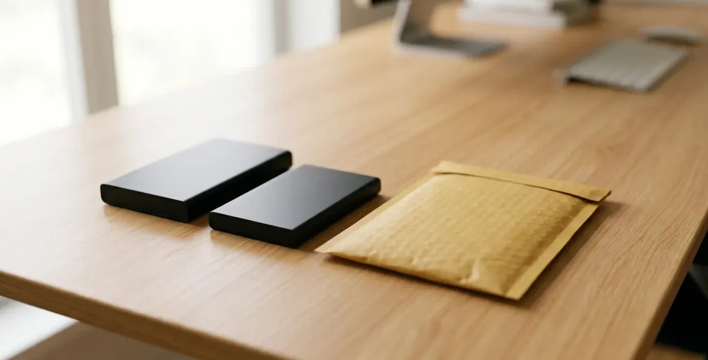 Deux disques durs externes et une enveloppe matelassée posés sur un bureau