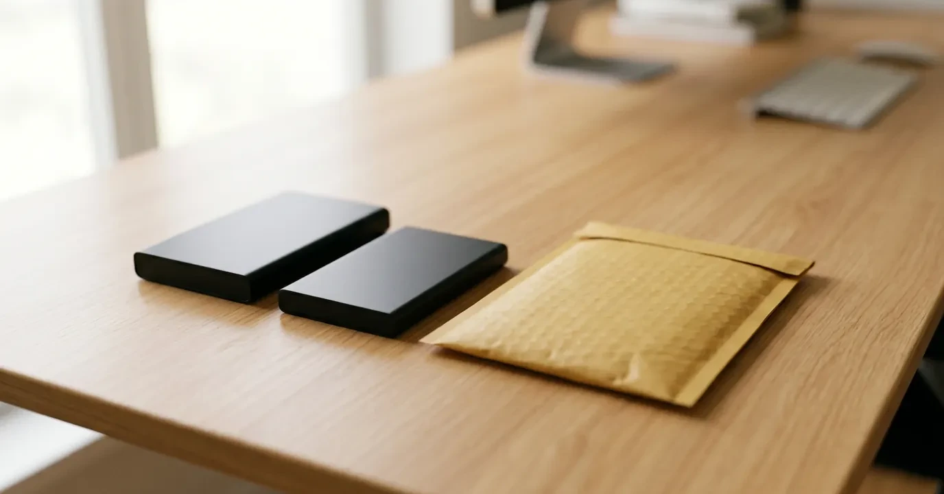 Deux disques durs externes et une enveloppe matelassée posés sur un bureau