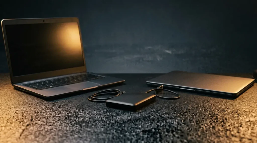 Deux ordinateurs portables posés sur un établi, un disque dur externe entre eux