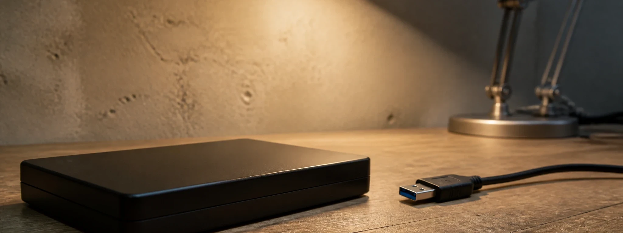Un disque dur externe posé sur un établi en bois, son câble débranché à côté, photographié au ras du plan de travail