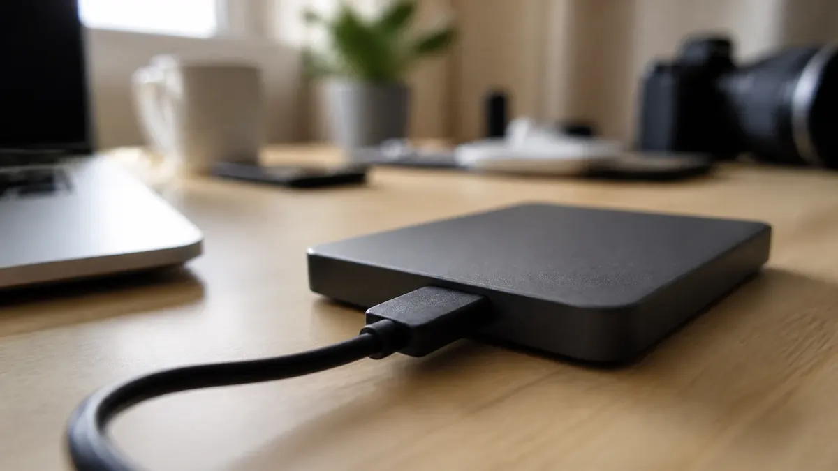 Un disque externe et son câble, photographiés au ras du bureau