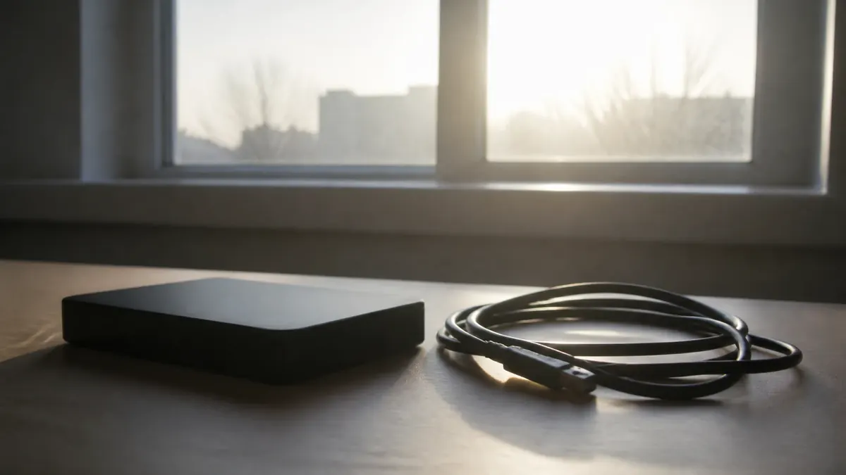 Un disque portable et son câble débranché, posés à contre-jour devant une fenêtre