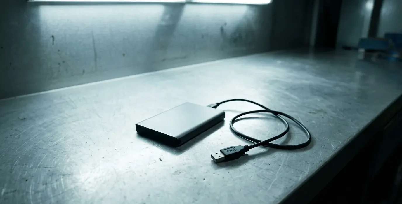 Un boîtier de disque dur externe et son câble détaché, posés sur un plan de travail métallique