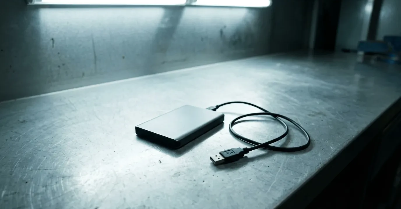 Un boîtier de disque dur externe et son câble détaché, posés sur un plan de travail métallique