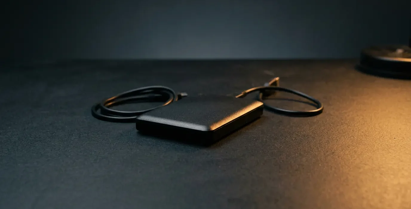 Un boîtier de disque dur externe posé seul sur un établi sombre, câble lové à côté