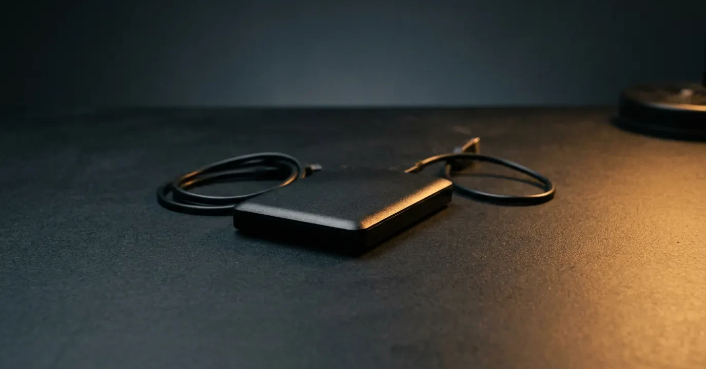 Un boîtier de disque dur externe posé seul sur un établi sombre, câble lové à côté