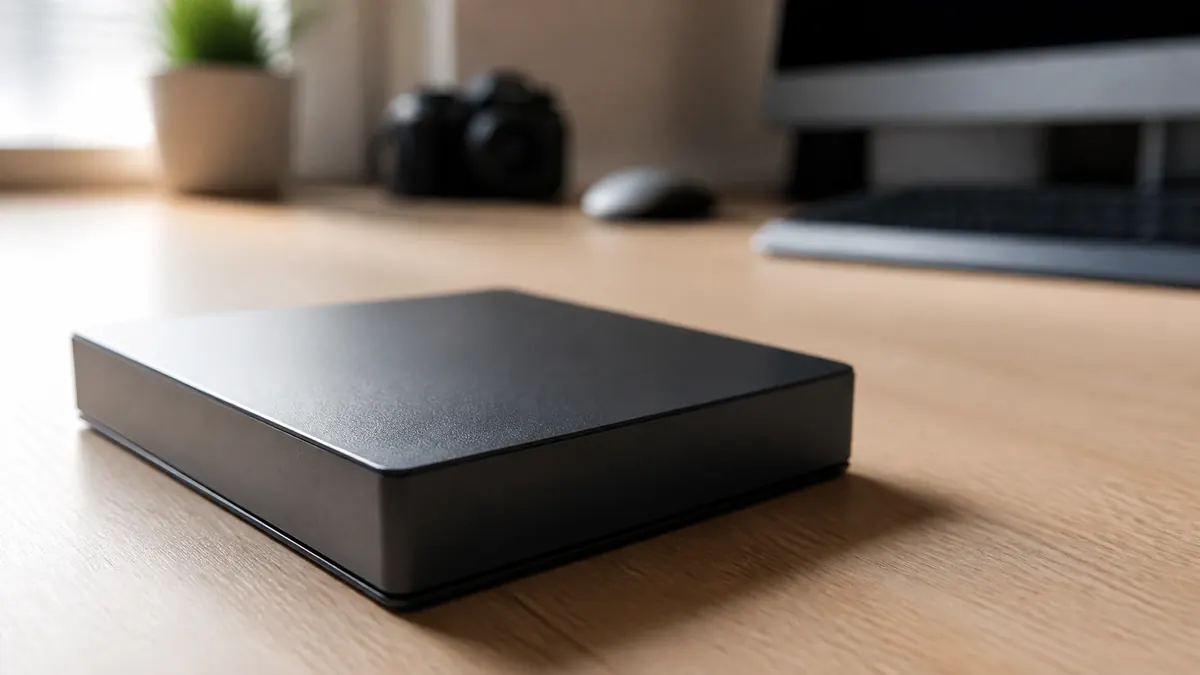 Un disque externe photographié au ras du bureau, le reste du plan de travail dans le flou