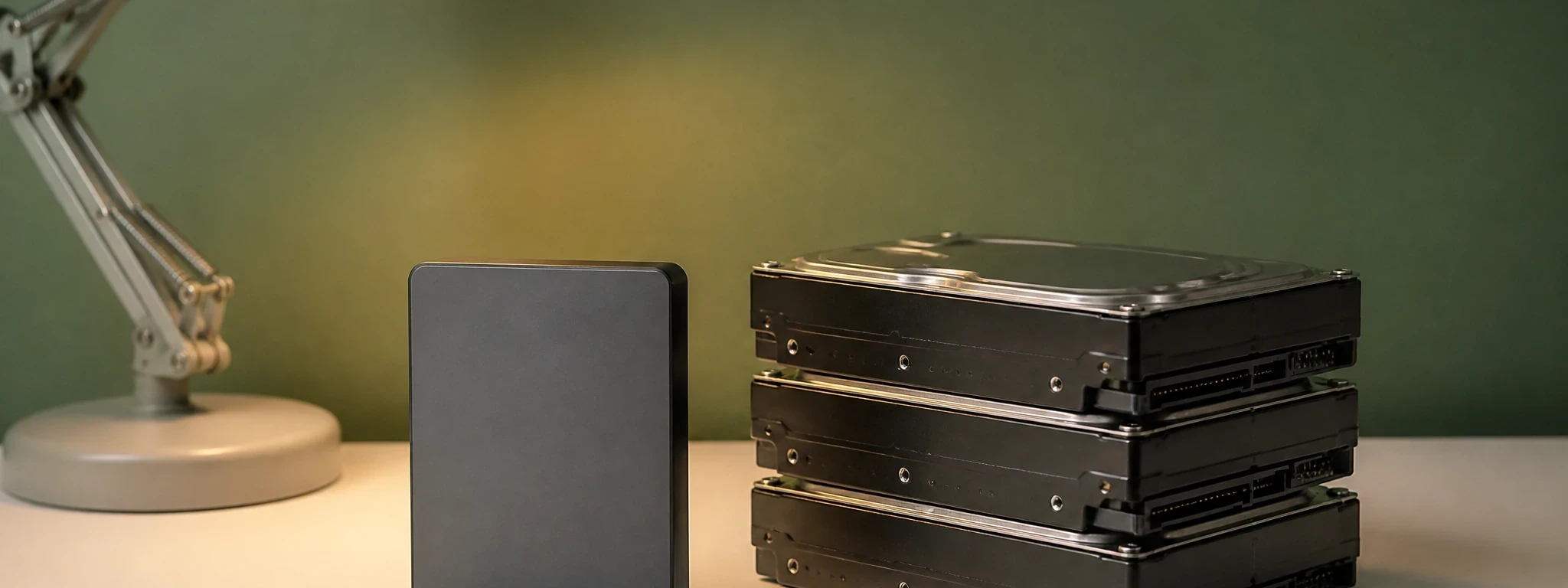 Un petit disque externe récent posé à côté d'une pile de trois disques durs plus anciens