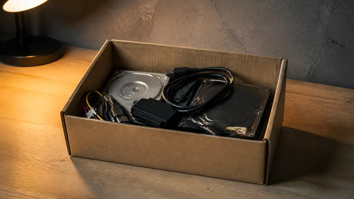 Une boîte en carton contenant deux disques durs nus, un adaptateur et des câbles enroulés, posée sur un établi