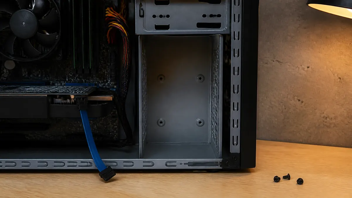 L'emplacement vide d'un disque dans un ordinateur ouvert, avec son câble débranché et trois vis posées à côté