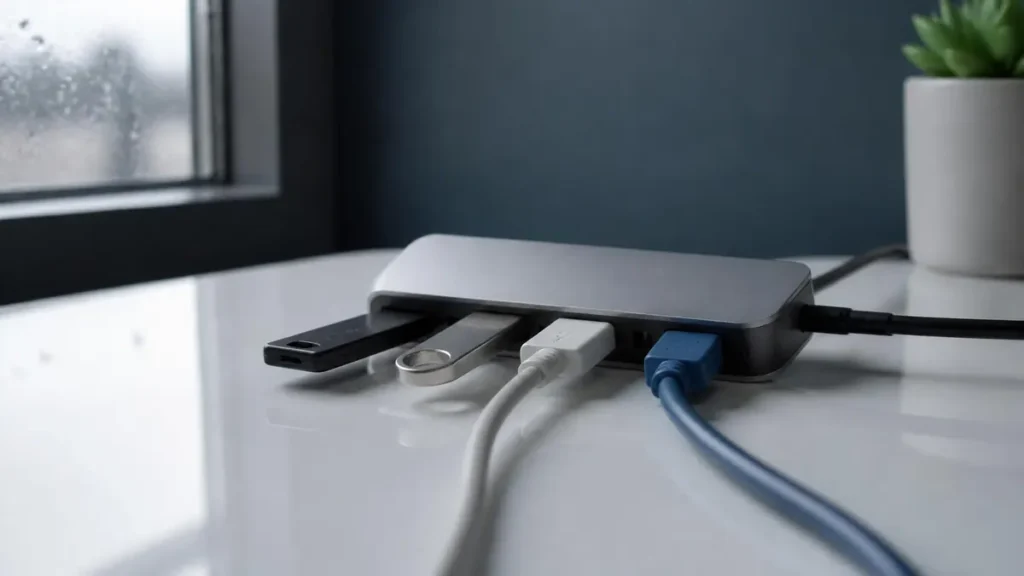 Un hub USB posé sur un bureau, ses ports occupés par deux clés USB et deux câbles