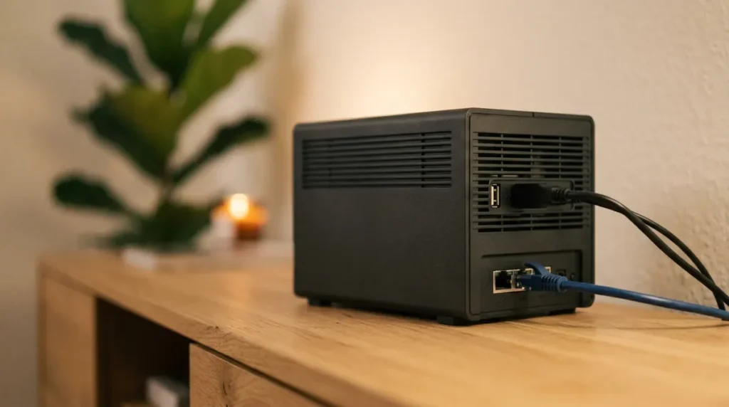 L'arrière d'un boîtier de stockage réseau, avec un câble USB et un câble réseau branchés