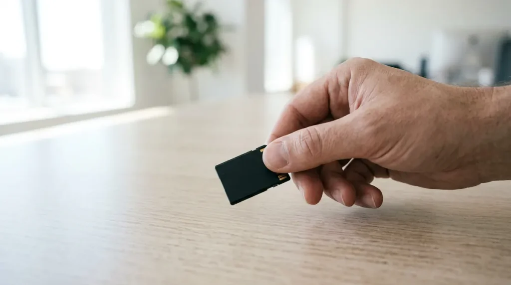 Une main tient une carte mémoire qui vient d'être retirée, au-dessus d'un bureau