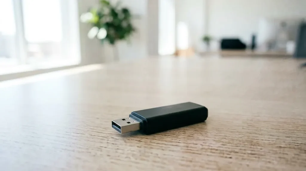 Une clé USB vue au ras du plateau d'un bureau, le reste du bureau s'estompant derrière