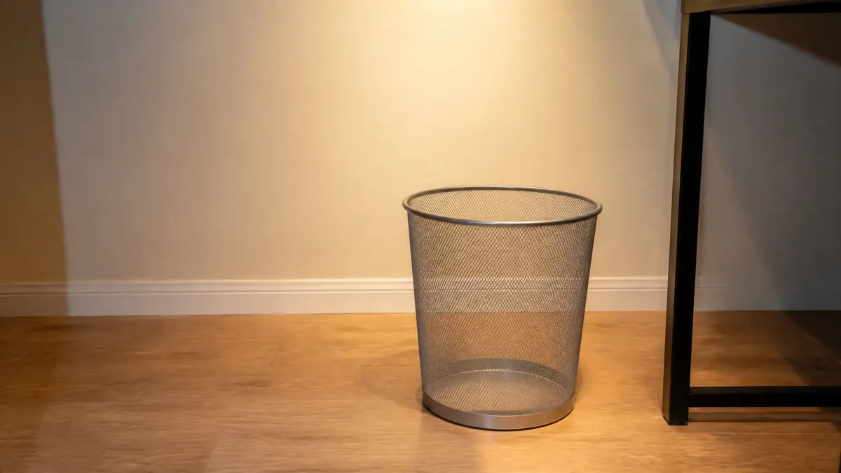 Une corbeille à papier métallique posée seule au pied d'un bureau