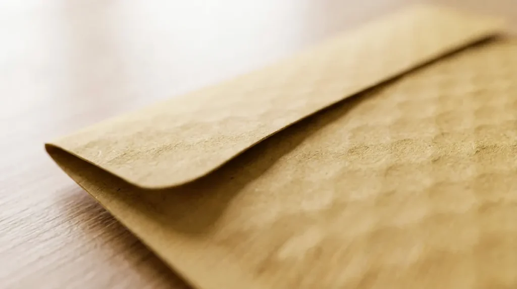 Vue macro sur le rabat matelassé d'une enveloppe kraft posée sur un bureau