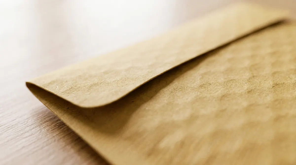 Vue macro sur le rabat matelassé d'une enveloppe kraft posée sur un bureau