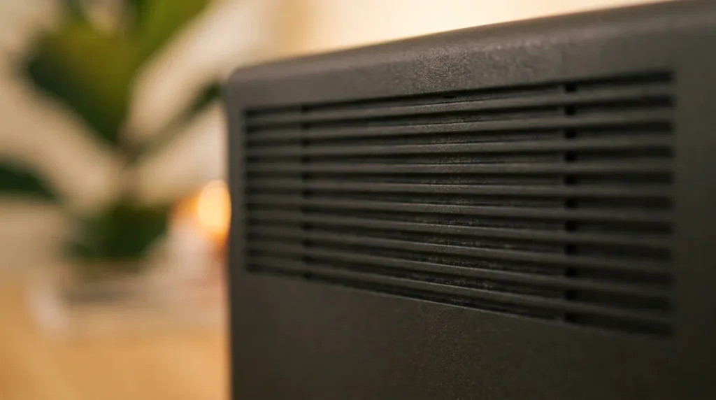 Vue macro sur la grille d'aération latérale d'un boîtier de stockage