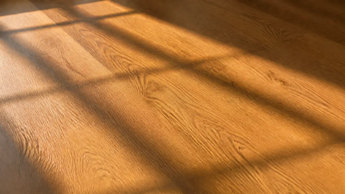 Une table en chêne vide en fin de journée, traversée par l'ombre d'un montant de fenêtre