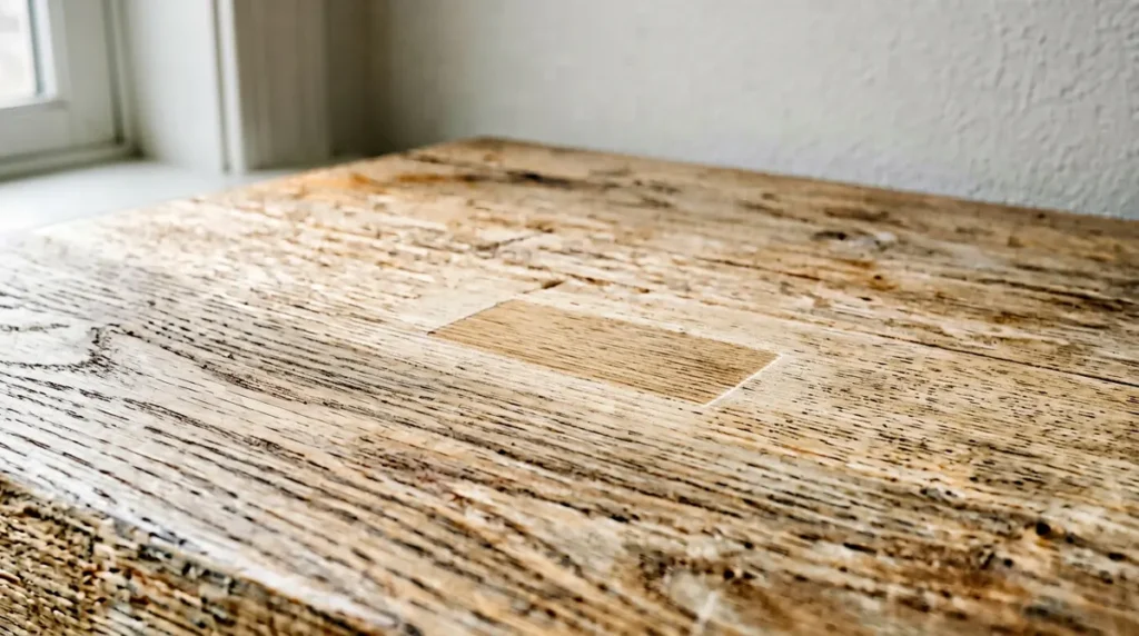 La trace rectangulaire d'un petit objet laissée dans la poussière d'un plan de travail