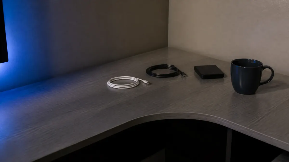 Un bureau d'angle gris avec deux câbles enroulés, un disque externe et une tasse vide