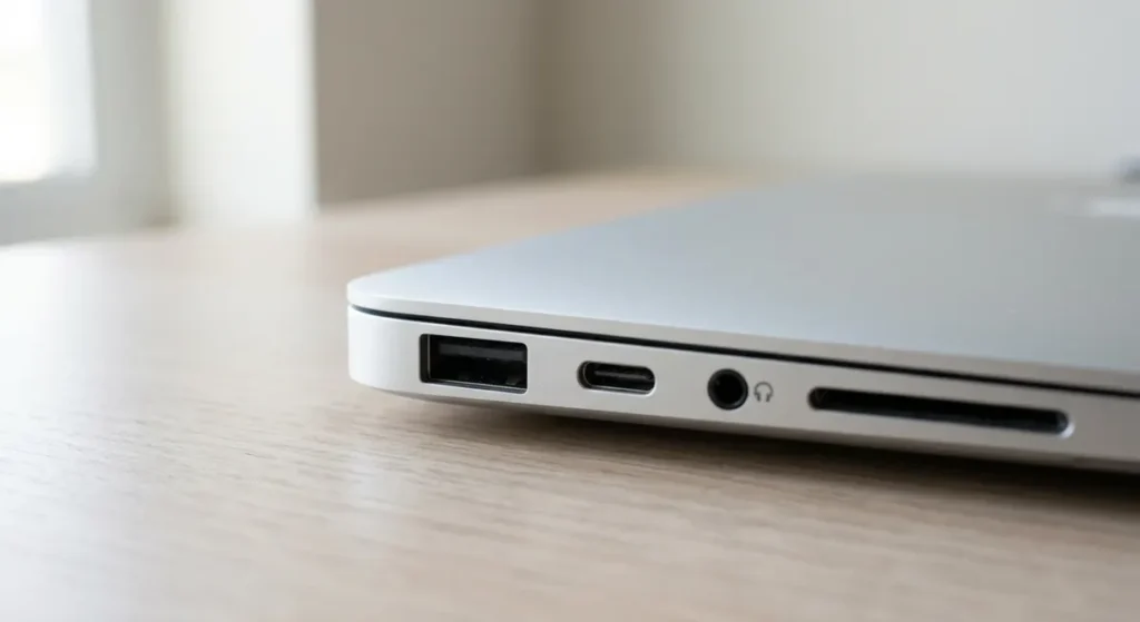 Le flanc d'un ordinateur portable montrant ses ports, dont un port USB vide
