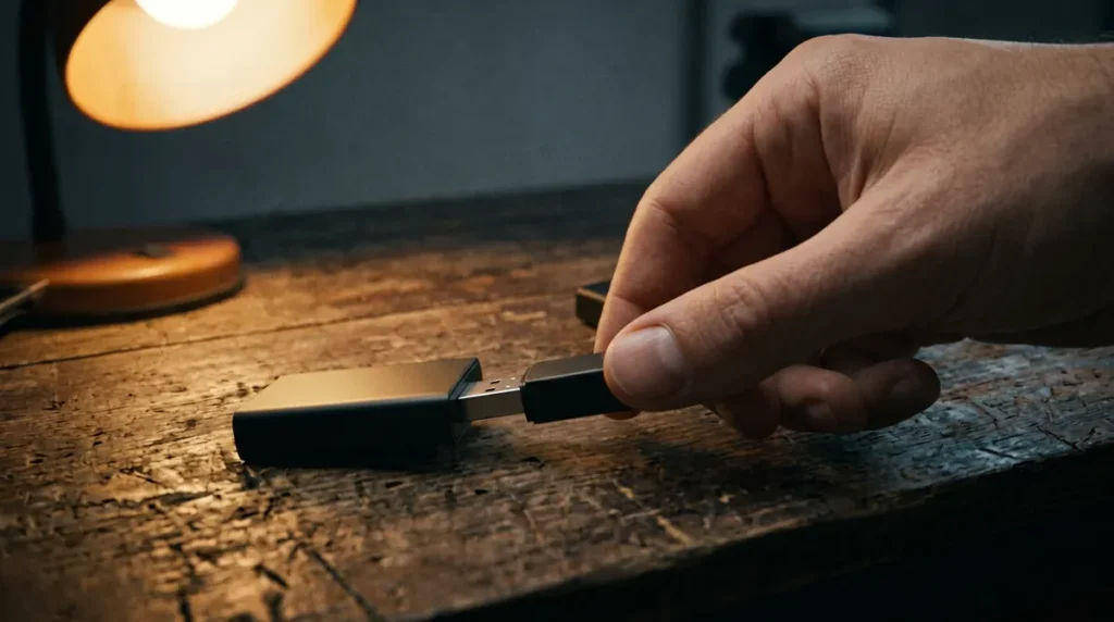 Une main saisit une clé USB posée sur un établi, à côté d'un boîtier de disque