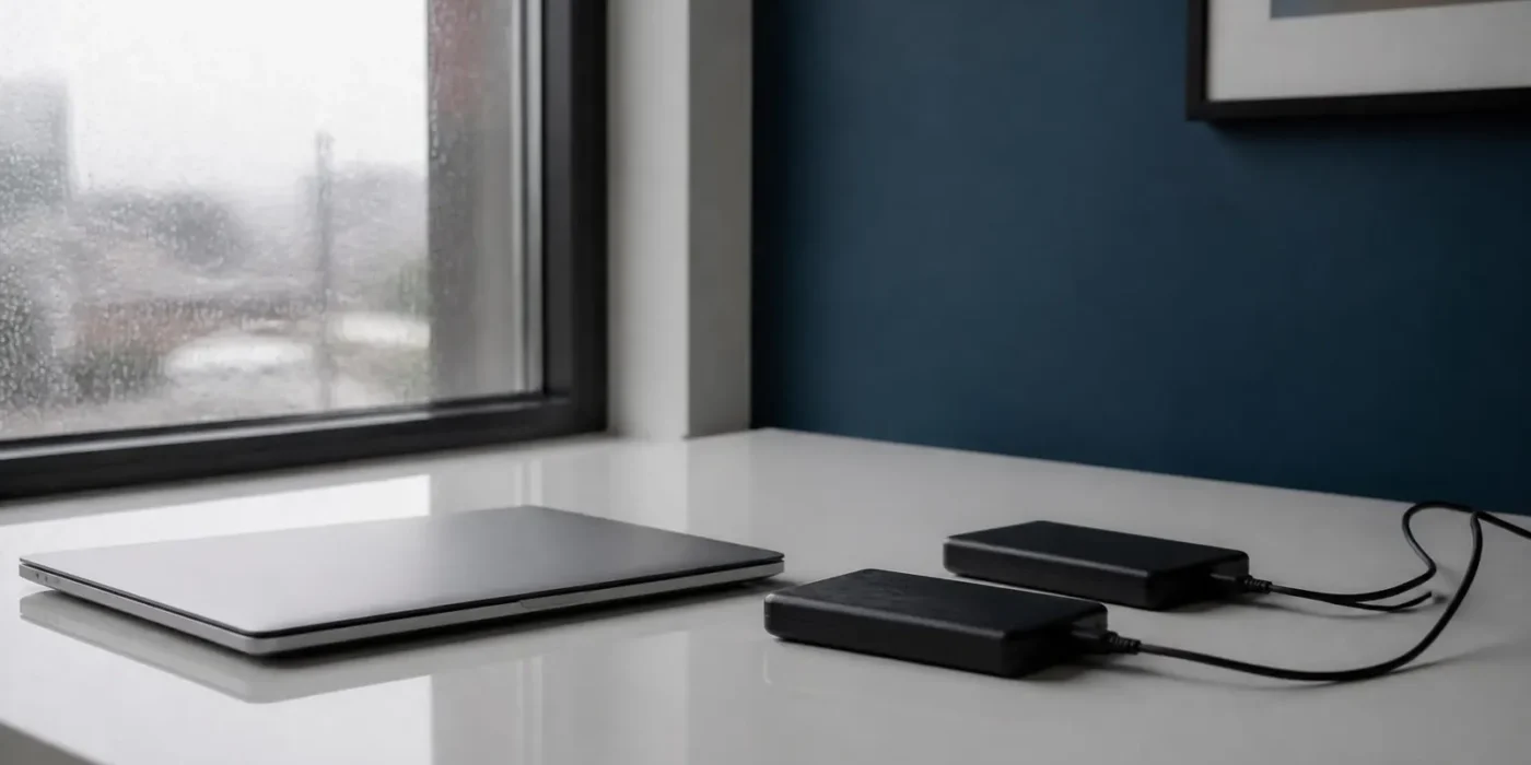 Un ordinateur portable fermé et deux disques durs externes branchés, sur un bureau blanc près d'une fenêtre mouillée de pluie