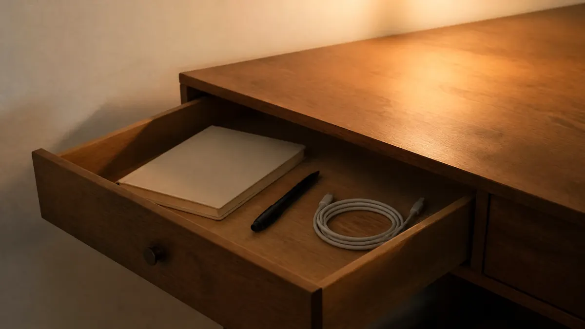 Un tiroir de bureau entrouvert, laissant voir un carnet, un stylo et un câble enroulé
