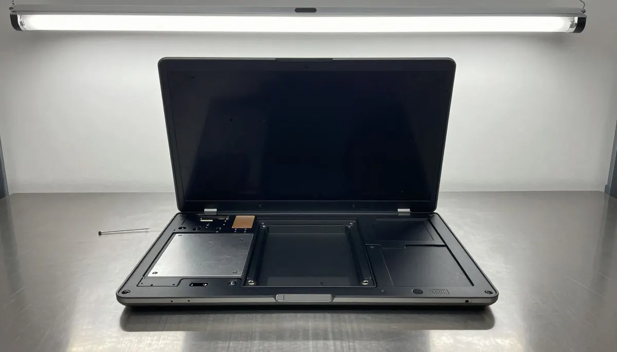 Un ordinateur portable retourné, sa trappe démontée, laissant voir l'emplacement du disque