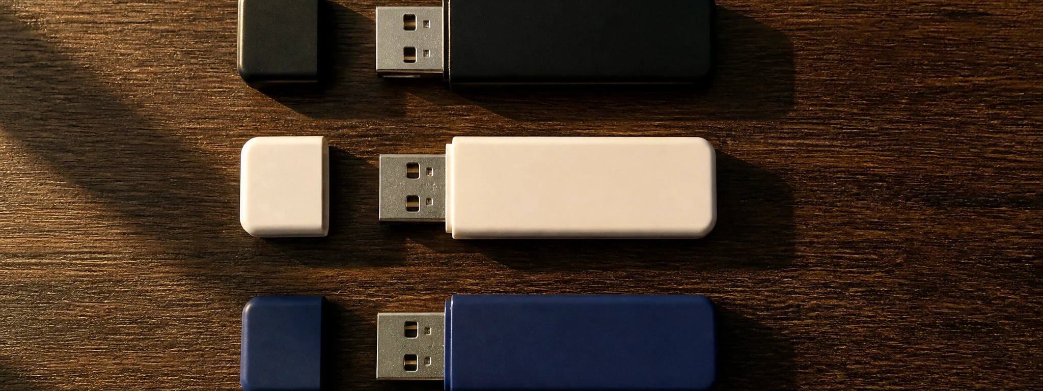 Trois clés USB alignées sur un bureau en chêne foncé, vues du dessus