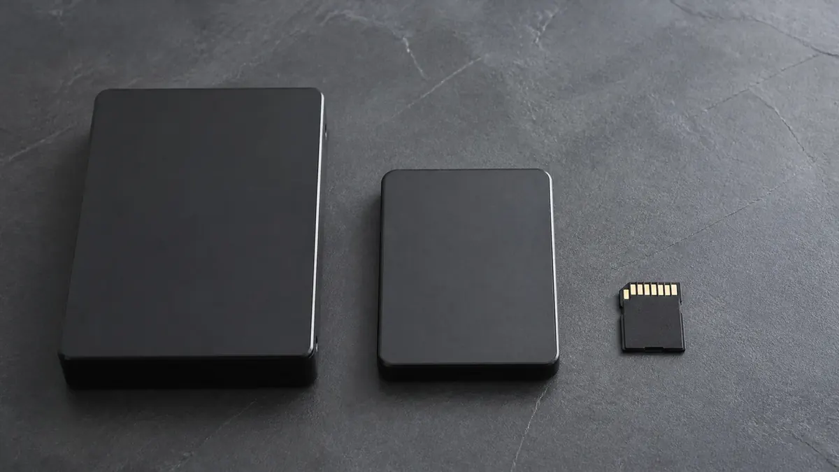 Un disque de 3,5 pouces, un disque de 2,5 pouces et une carte mémoire alignés par taille décroissante