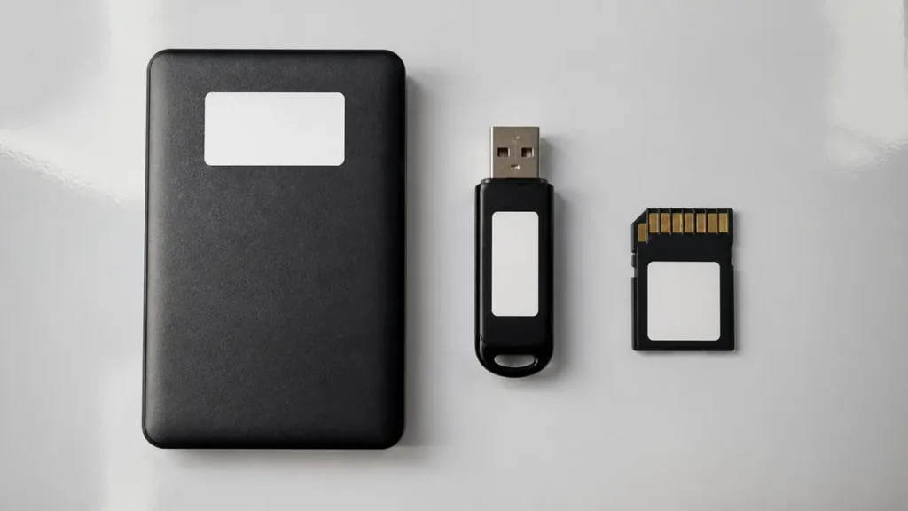 Un disque dur externe, une clé USB et une carte mémoire alignés vus du dessus, chacun portant une étiquette blanche vierge