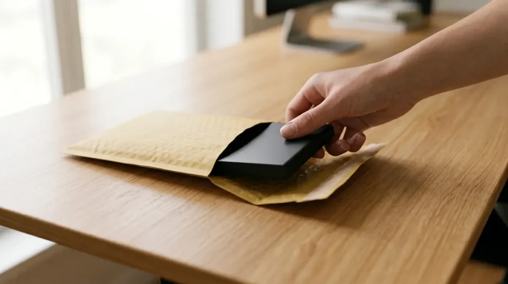 Une main glisse un disque dur externe dans une enveloppe matelassée