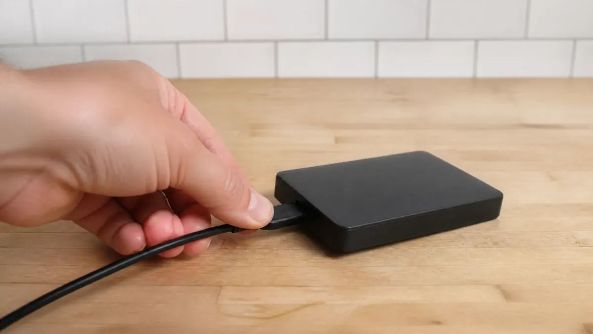 Une main branche un câble sur un petit disque externe posé sur le comptoir