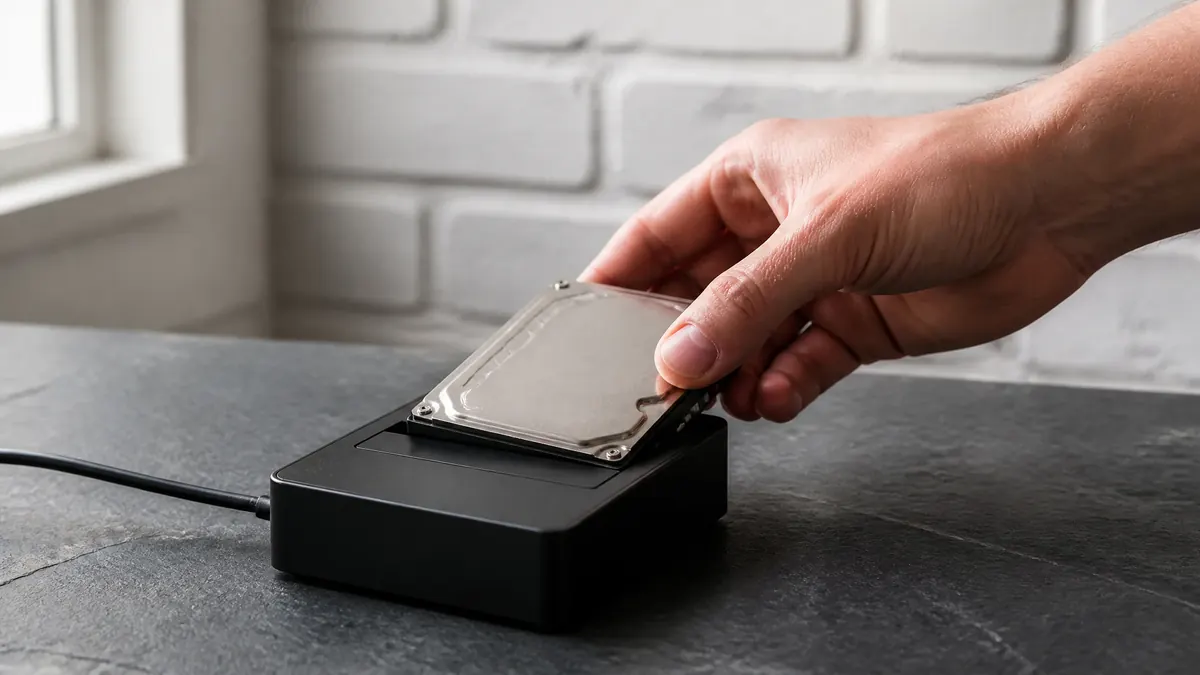 Une main engage un disque de 2,5 pouces dans un adaptateur posé sur le plan de travail