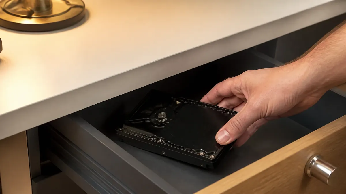 Une main range un disque dur dans un tiroir de bureau ouvert